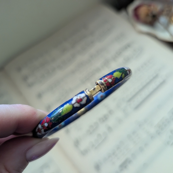 Floral Blue Bangle Cloisonne Bracelet - Picture 7 of 12